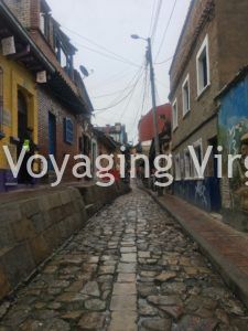 A cobbled street in Bogotá's La Candelaria District 